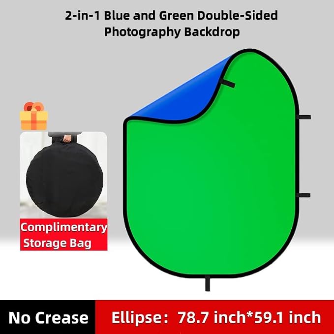 59.1x78.7inch/1.5x2.0mChromakey Green Screen， Blue & Green 2 in 1 Double Sided Pop Up Collapsible Backdrop for Vlogging and Video Conferencing with Carrying Bag