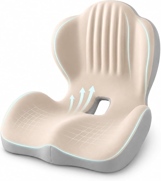 Saker Ergonomic Memory Foam Seat Cushion with Back Support, 2-in-1 Coccyx Cutout Chair Pad for Office, Car, Gaming Chair and Wheelchair, Contoured Lumbar Support for Long Sitting，Beige