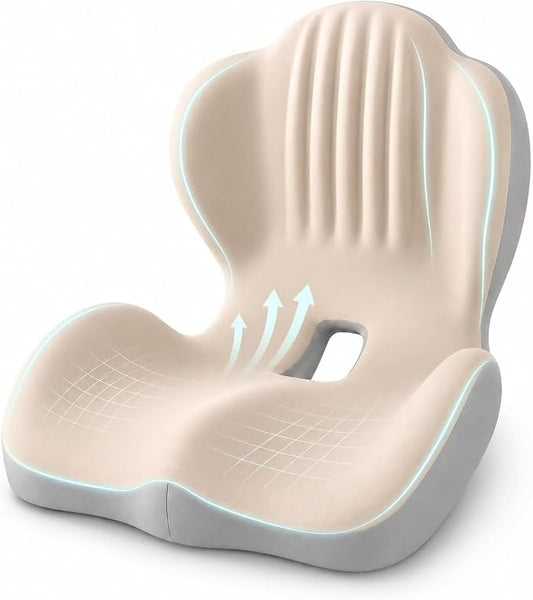 Saker Ergonomic Memory Foam Seat Cushion with Back Support, 2-in-1 Coccyx Cutout Chair Pad for Office, Car, Gaming Chair and Wheelchair, Contoured Lumbar Support for Long Sitting，Beige