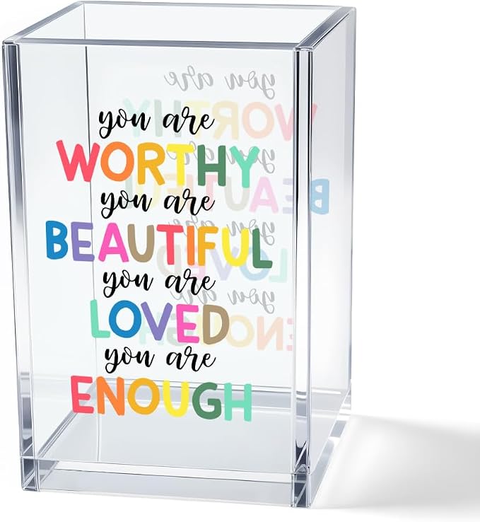 You are Worthy Beautiful Acrylic Makeup Brush Organizer Holder, Boho Motivational Vanity Desk Organizer Accessories for Bedroom Office Decor, Inspirational Gifts for Women Girls Daughter Sister
