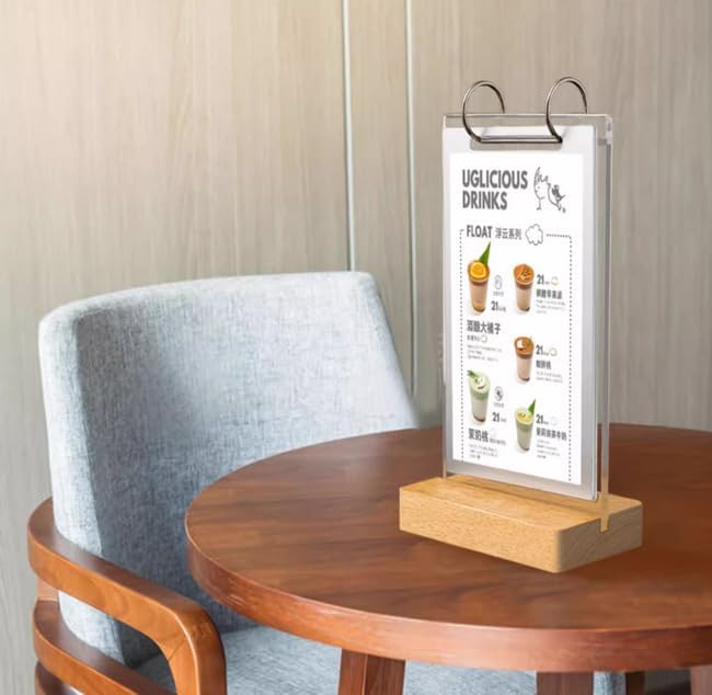 6 Pages A4 Flip Acrylic Sign Holder,Clear Desktop Double Display Holder Wood T Type Menu Holders Display 12 Sides Picture Paper Card Store Retail Show Fair -Vertical (8.25x11.75 inch)