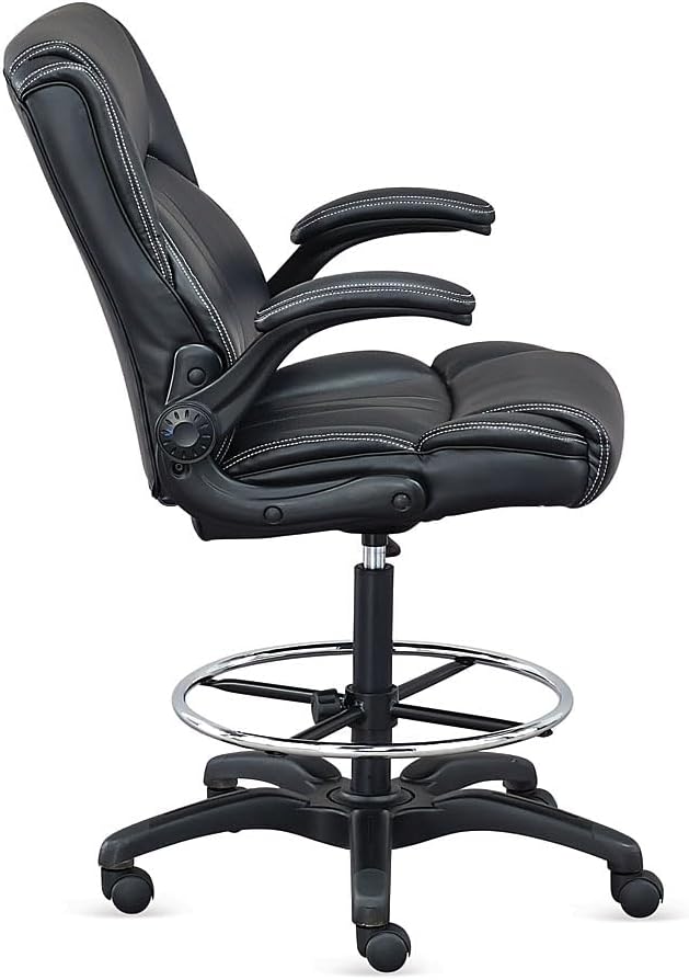 Omega 24/7 Big & Tall Adjustable Stool with Flip Arms in Black Faux Leather, Featuring a Comfortable Foam Seat and Ergonomic Design for Office Use