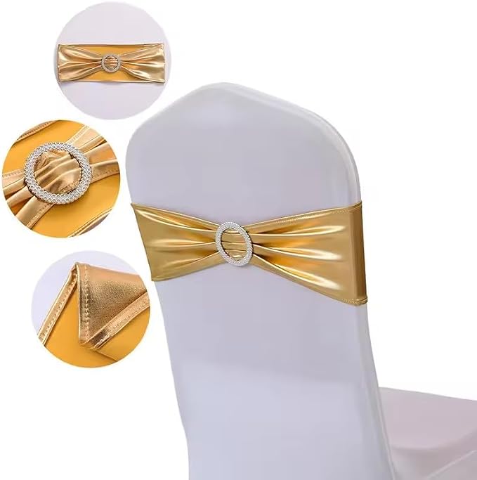 Tvoip 10PCS Chair Cover Stretch Band with Buckle Slider Sashes Bow Wedding Banquet Chair Decoration (Metallic Gold)