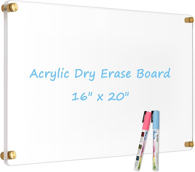Clear Acrylic Dry Erase Board, 20" X 16" (Golden) | Non-Magnetic Frameless Clear White Board for Wall, Erasable Acrylic Board for Wall, Home, Office, School, 2 Markers