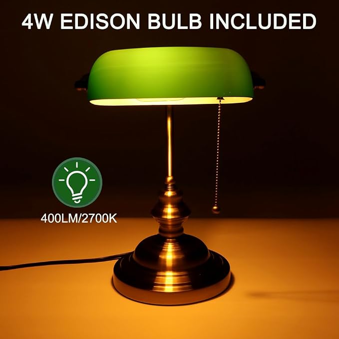 Green Bankers Lamp, Vintage Library Lamp with Pull Chain,Retro Table Lamps for Home Office, Study Room, Piano LED Bulb Included