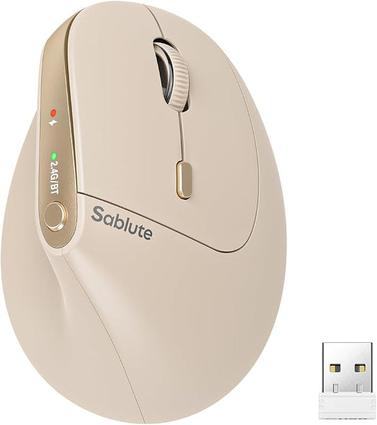 SABLUTE MAM3 Ergonomic Mouse, Bluetooth Mouse for Small and Medium Hands | Vertical Mouse with 3-Device Bluetooth, Rechargeable Battery and 4 Adjustable DPI for Laptops, Windows and MacOS，Beige