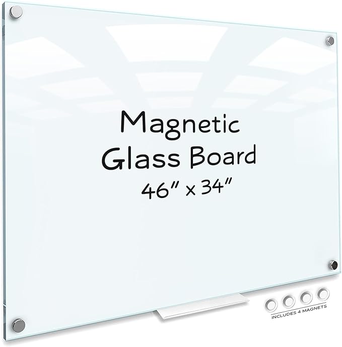 SCRIBBLEDO Glass Whiteboard 46 x 34 inch (4' x 3') Glass Dry Erase Board for Wall Frameless Large Office Wall Mount Frosted White Board for Work Home and School with Tray Included