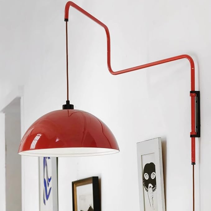 Modern Swing Arm Wall Sconce Plug in Red Wall Lamp Dome Shade Wall Mounted Long Arm Light Mid Century Bedside Reading Wall Light for Bedroom Living Room