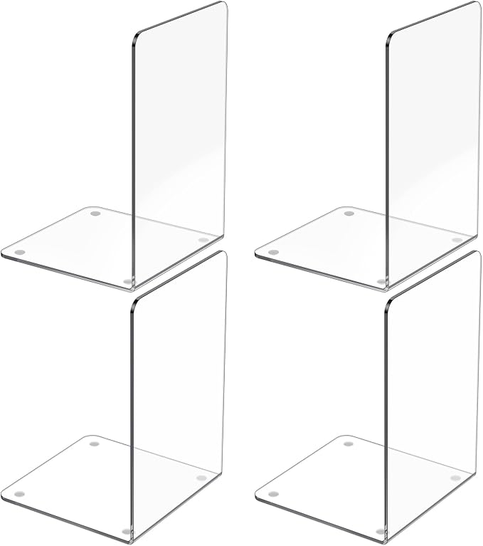 Acrylic Bookends 4 Pcs, Clear Book Ends for Shelves, Bookend Organizer | Transparent Book Holder Stand Decorative, Book Stoppers for Heavy Duty Books, CD, File, Video Games