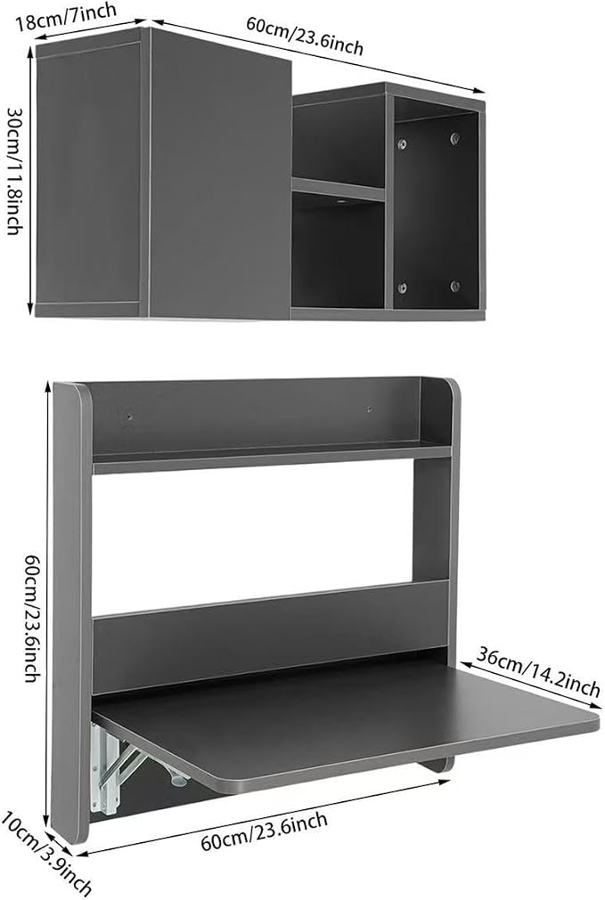 Floating Desk, 24" Wall Mounted Folding Desk with Bookshelf Folding Wall Desks Space Saving Workstation with Storage Shelves for Home Office Bedroom Study Room Small Space