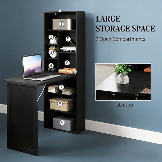 Folding Wall Mounted Desk with Storage, Expandable Hidden Computer Desk, Foldable Space-Saving Pull Out Murphy Table, Writing Table with Blackboard for Home Office Bedroom Small Spaces (Black)