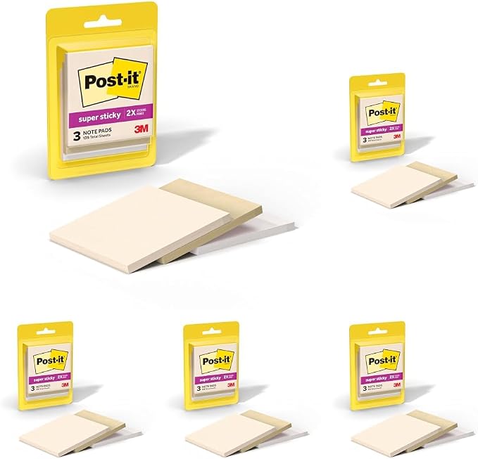 Post-it Super Sticky Notes, 3 Sticky Notes Pads, 3 x 3 in., School Supplies and Oﬃce Supplies, 2X the Sticking Power, Neutrality Collection (Pack of 5)