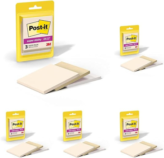 Post-it Super Sticky Notes, 3 Sticky Notes Pads, 3 x 3 in., School Supplies and Oﬃce Supplies, 2X the Sticking Power, Neutrality Collection (Pack of 5)