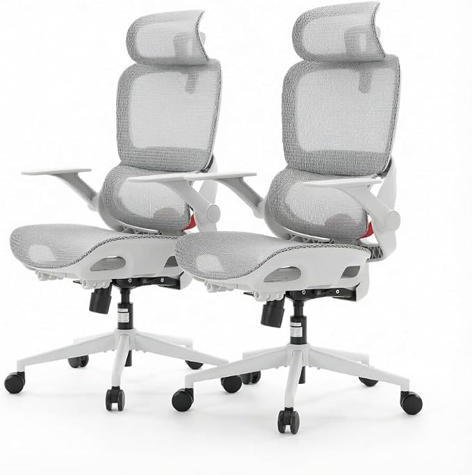 SIHOO B100 Office Chair, Comfy Ergonomic Office Chair, High Back Computer Chair with Adaptive Lumbar Support & Wide Headrest, Flip-up Armrests, Swivel Desk Chair, 2 Packs, Grey