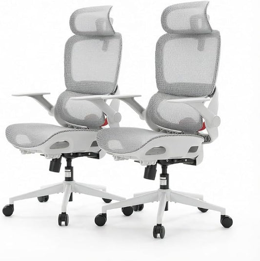 SIHOO B100 Office Chair, Comfy Ergonomic Office Chair, High Back Computer Chair with Adaptive Lumbar Support & Wide Headrest, Flip-up Armrests, Swivel Desk Chair, 2 Packs, Grey