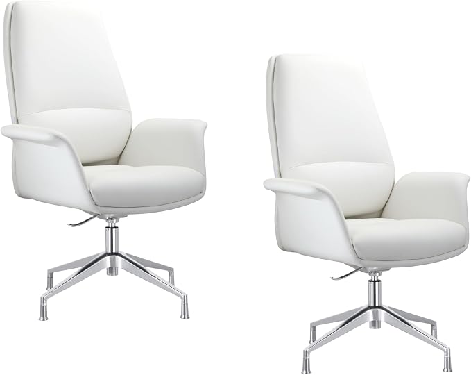 LeisureMod Mid-Century Modern Swivel Office Chair, Adjustable Height with Faux Leather Seat and Aluminum Frame (White, Set of 2)