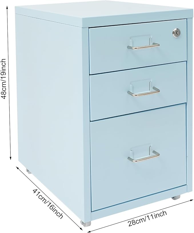 3 Drawer File Cabinet with Lock, Freestanding Filing Metal Drawers Organizer Vertical Metal Rolling Organizer Movable Under Desk Cabinet with Wheels for Home Office Living Room Study (3 Tiers Blue)