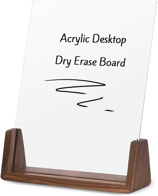 Acrylic Dry Erase Board with Walnut Wood Base, Clear Desktop Whiteboard Memo Board, Desktop Writing Note Pad, Mini Acrylic Board for Tabletop Display(Walnut Base,Acry