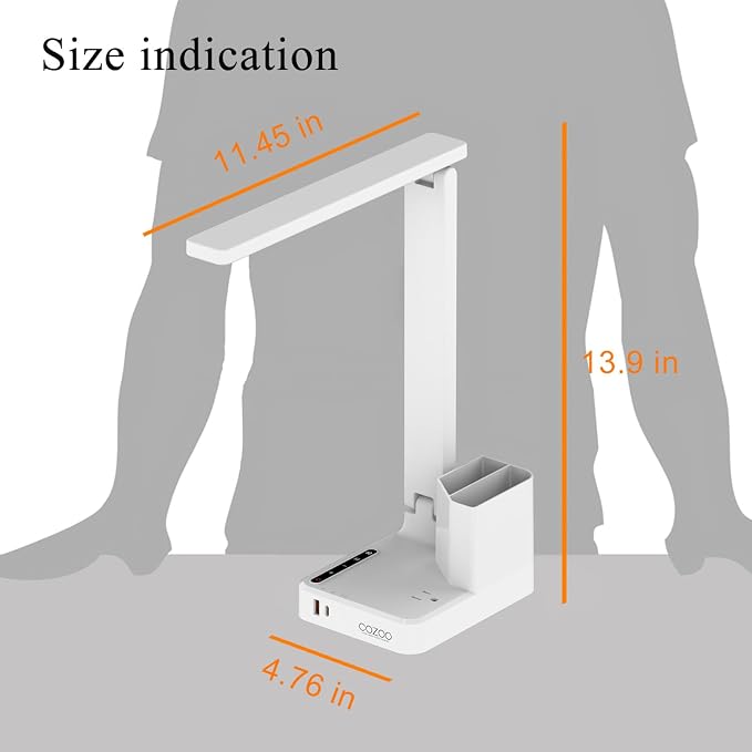 COZOO LED Desk Lamp with 2 USB Charging Ports,Type C Port,1 AC Outlet,2 Pen Holders,3 Color Temperature 3 Brightness Level,Touch/Memory/Timer,10W Eye Protection Foldable Reading Light,Study Lamp-White