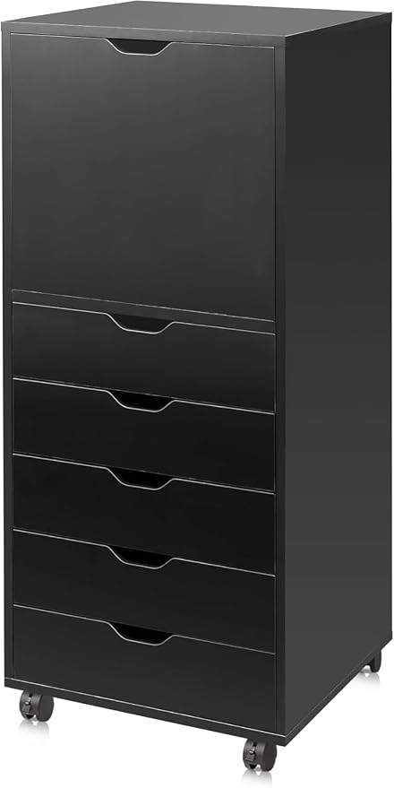 DEVAISE 5 Drawer Cabinet with 1 Door, Mobile Office File Cabinet, Black | Wood Rolling Cart, Filing Drawers, Craft Storage Drawer Cabinet, Printer Stand, Home Office