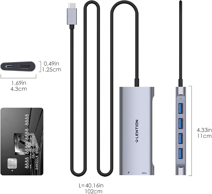 LENTION 3.3FT Long Cable USB C Hub with 4K HDMI, 100W PD Charging, 4 USB 3.0 Port & LED Indicator for MacBook Pro/Air, Dell XPS, HP, Chromebook, More, Stable Driver Adapter (C35-1M, Space Gray)