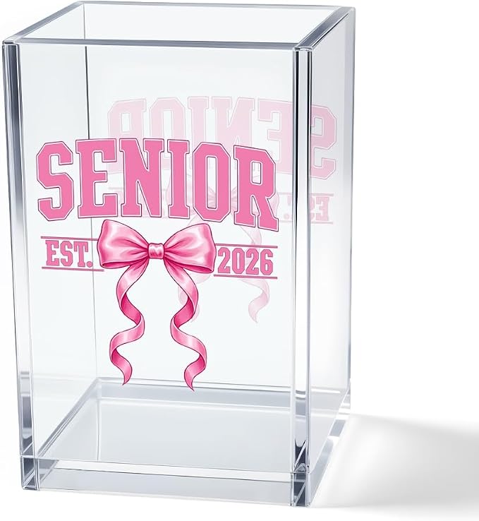 Class of 2026 Senior Pen Holder for Desk, Coquette Pink Bow Acrylic Desk Organizer, Graduation Gifts for High School Senior Girls, Daughter Granddaughter Sister Desk Decor