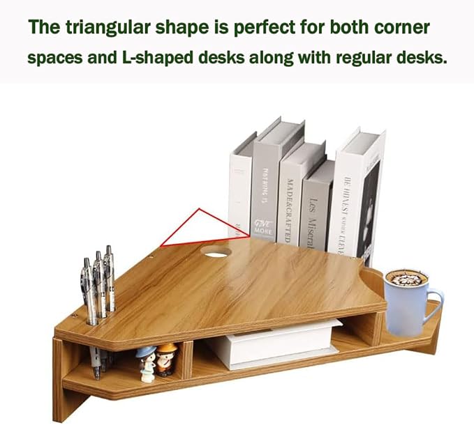 Triangle Monitor Stand Riser,Cut Triangle Save Space Desktop Corner,Desktop corner shelf with drawers wooden computer stand with storage laptop risers office organization. (No drawer)