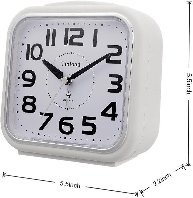 Tinload 5.5" Large Analog Alarm Clock Silent Non Ticking, Gentle Wake, Beep Sounds, Increasing Volume, Battery Operated Snooze and Manual Light, Easy Set,White (Best for Elder)