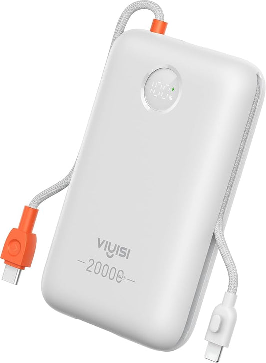 VIYISI Portable Charger 20000mAh 30W Fast Charging, White Aesthetic Power Bank with Built-in USB C & Lighting Cables, Compact Battery Pack Compatible with iPhone 17 16 15 Pro Max, iPad, Travel