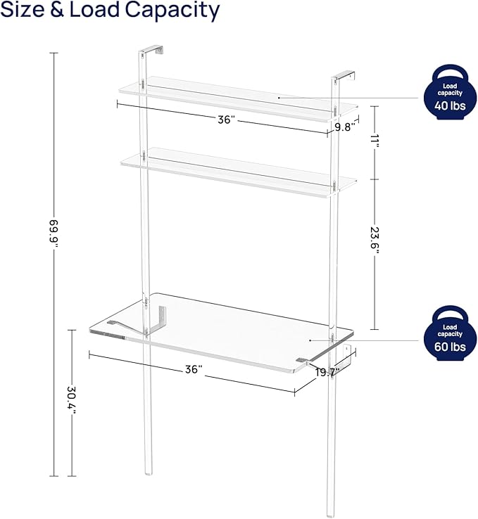 HMYHUM Acrylic Wall Mount Desk, Clear Ladder Desk with Open Shelves, Floating Desk for Laptop, Computer, Study, Writing, Vanity Table, Modern, 36" L x 19.7" W x 69.99" H