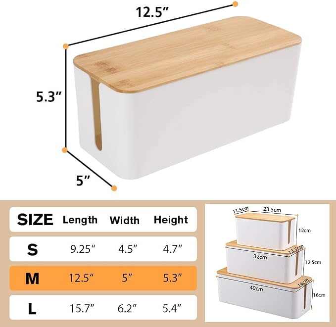 PowerKing Cable Management Boxes Organizer, Bamboo Lid, Large Storage Wires Keeper Holder for Desk, TV, Computer, USB Hub, System to Cover and Hide & Power Strips & Cords (Ice White)