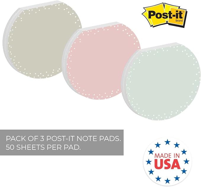 Pastel Sticky Note Pad Assortment/Set of 3 Round Flat Top Polkadot Pattern Note Pads / 3.5" Modern Sticky Notes / 50 Sheets Per Pad/Made in USA