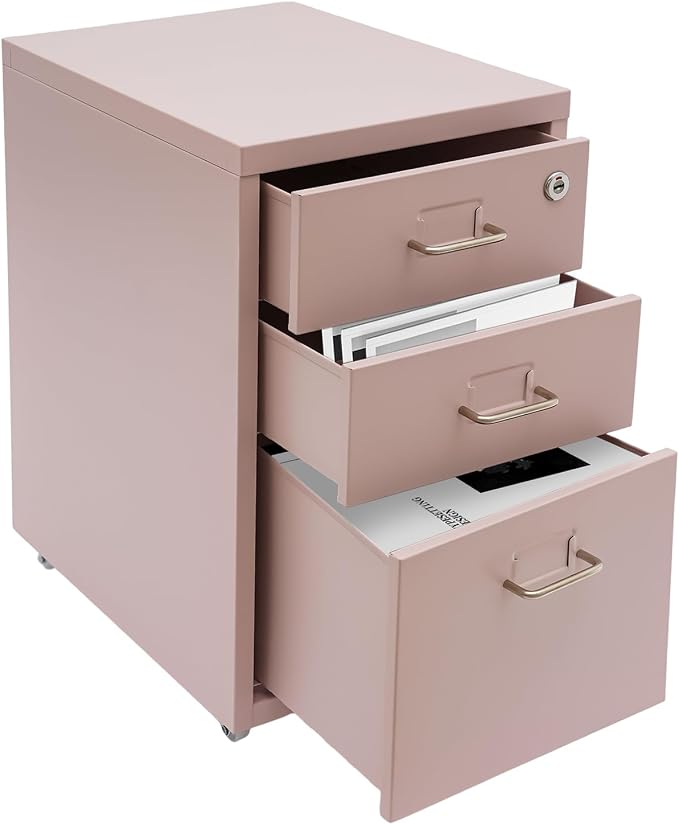 3 Drawer File Cabinet with Lock, Freestanding Filing Metal Drawers Organizer Vertical Metal Rolling Organizer Movable Under Desk Cabinet with Wheels for Home Office Living Room Study (3 Tiers Pink)