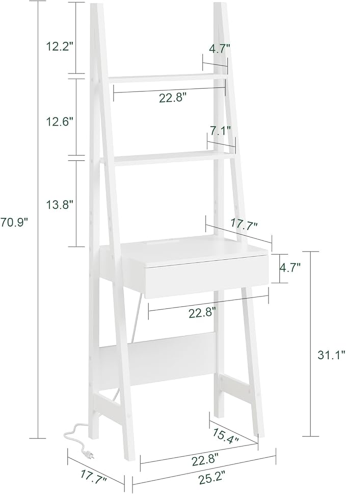 Haotian Ladder Desk with Power Outlet, Narrow Bookshelf Desk with Drawer and Shelves, Compact Secretary Desk for Small Spaces, Bedroom, Home, Office (White FWT112-W)