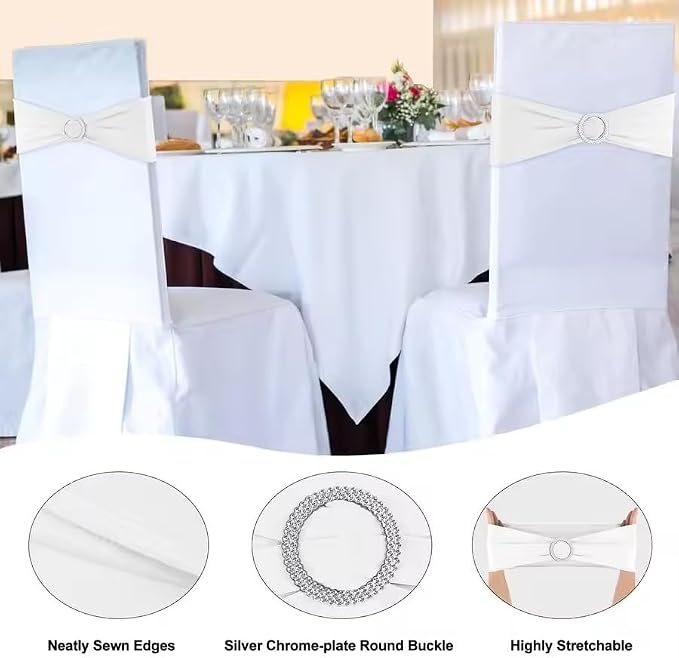 Tvoip 10PCS Chair Cover Stretch Band with Buckle Slider Sashes Bow Wedding Banquet Chair Decoration (White)