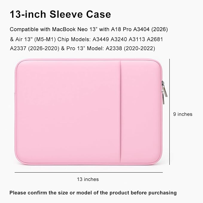 Laptop Sleeve for MacBook Neo/Air/Pro 13 inches A18/M5/M4/M3/M2/M1 Chip 2026-2020 A3404 A3449 A3240 A3113 with 2 Pockets Tablet Bag Case Accessories (Bright Blush Pink)