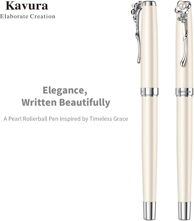 Four-Leaf Clover & Pearl Rollerball Pen – Elegant Brass Pen Gift Set for Women, Jewelry-Inspired Design, Glossy Finish, German Refill, Good Luck Gift for Her, New Job & Graduation (Pearl White)