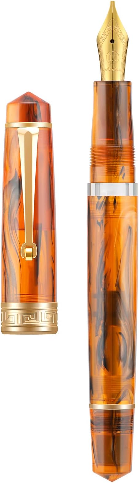 Asvine P20 Piston Fountain Pen, Stub Nib 1.1mm Calligraphy Art Drawing Amber Acrylic with Case Set