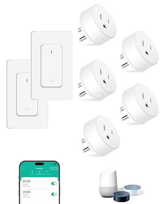 NineLeaf Smart Plug, WiFi Smart Plugs Work with Alexa and Google Home via Tuya, Wireless Outlet Timer with APP Remote Control, 2.4GHz Wi-Fi Only, No Hub Required, TUV FCC Listed (5 outlets+2 switches)