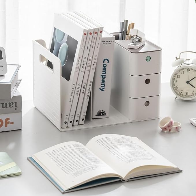 White Plastic Desktop Organizer with File slots,3-tier Drawers with Pen Holder,Book Stand for Office Supplies and Desk Accessories (White+Grey)