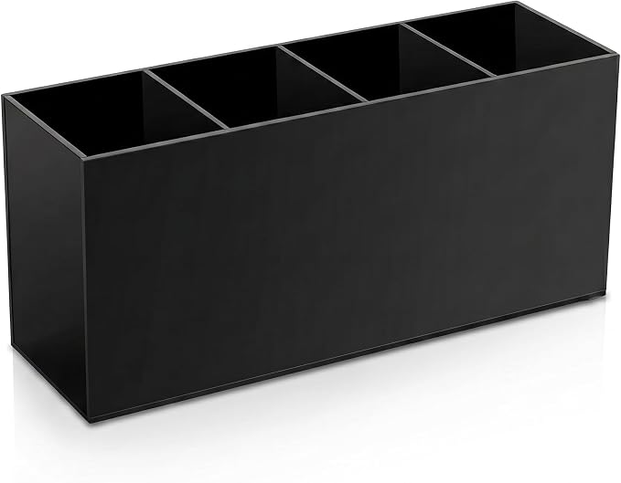 4 Compartment Black Acrylic Pen Holder for Desk, Large Desktop Organizer & Pencil Cup, Makeup Brush Holder for Countertop, Multi-functional Pen Pencil Brushes Holders Caddy (Opaque Black)