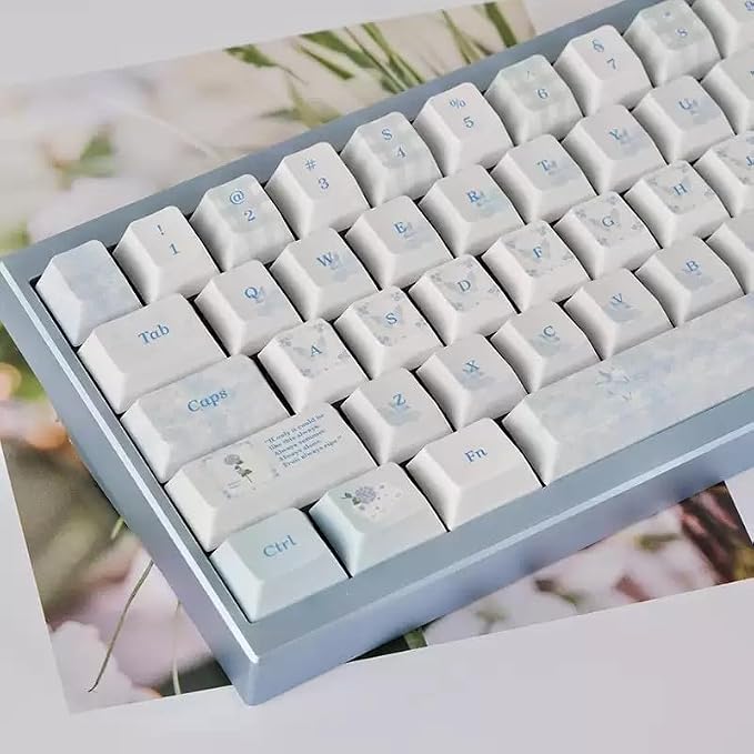 White & Blue PBT Keycaps - Cherry Profile 5-Sided Dye-Sublimation Sweet Butterfly Keycap Set 127 Keys for 60%/65%/75%/80%/100% Mechanical Keyboard