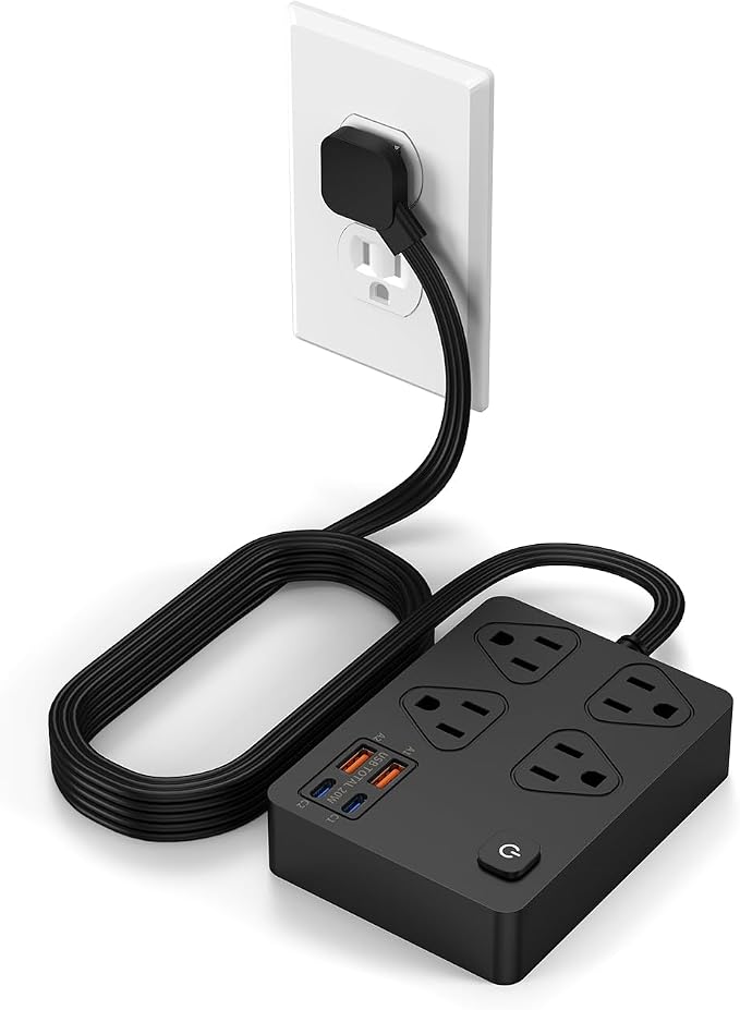 Power Strip Flat Plug with 4 AC Outlets 4 USB Ports (20W), Surge Protector Charging Station with Overload Protection, 6Ft Flat Plug Extension Cord, Fast Charging for Office Dorm Room