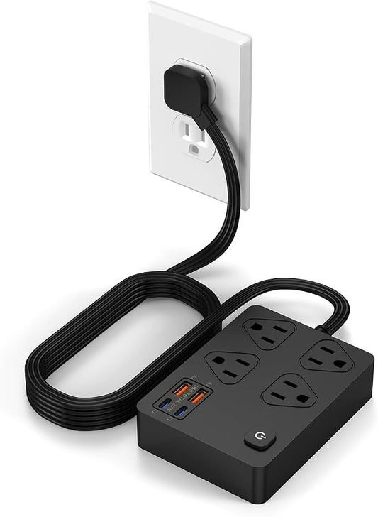 Power Strip Flat Plug with 4 AC Outlets 4 USB Ports (20W), Surge Protector Charging Station with Overload Protection, 6Ft Flat Plug Extension Cord, Fast Charging for Office Dorm Room