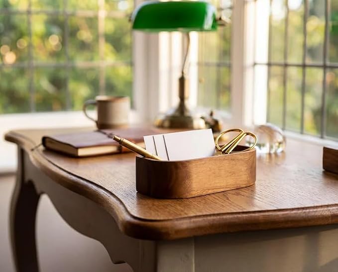 Natural Walnut Wood Desk Caddy, Minimalist Open Storage Organizer Tray for Business Cards Pens Small Office Desktop Accessories, Mid-Century Tabletop Wooden Catchall Holder for Home Office Workspace