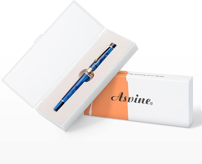 Asvine P20 Piston Fountain Pen Galaxy Blue Resin, Iridium Extra Fine Nib Gold Trim Smooth Writer Collection with Case Set