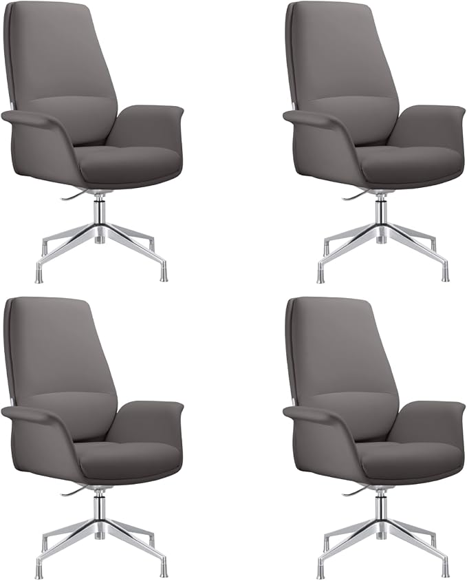 LeisureMod Mid-Century Modern Swivel Office Chair, Adjustable Height with Faux Leather Seat and Aluminum Frame (Grey, Set of 4)