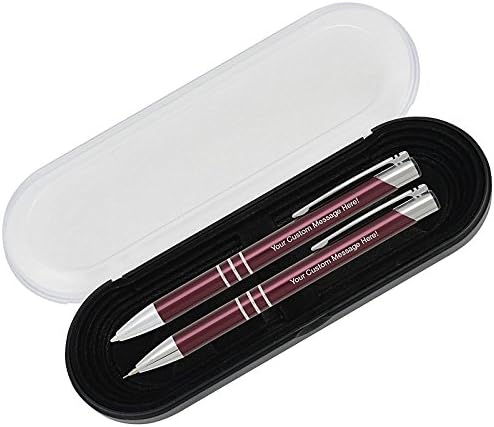Personalized Engraved Classic Metal Ballpoint Pen & Mechanical Pencil Gift Set. Includes Case - Cranberry Red Color with Silver Accents. Black Ink