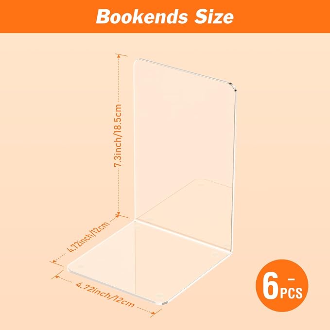 Acrylic Bookends 6 Pcs, Clear Book Ends for Shelves, Bookend Organizer | Transparent Book Holder Stand Decorative, Book Stoppers for Heavy Duty Books, CD, File, Video Games