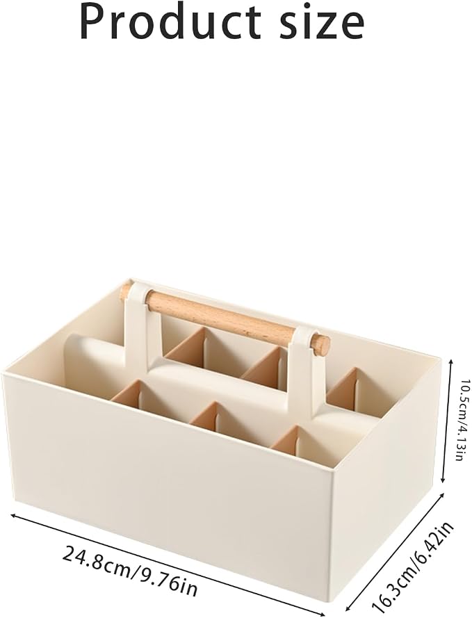 Buqoo Desk Organizer with 8 Compartments for Office Supplies | Plastic Makeup Organizer with Wooden Handle, Pen Holder for Desktop Storage, Desk Organization for Office Supplies (Coffee)